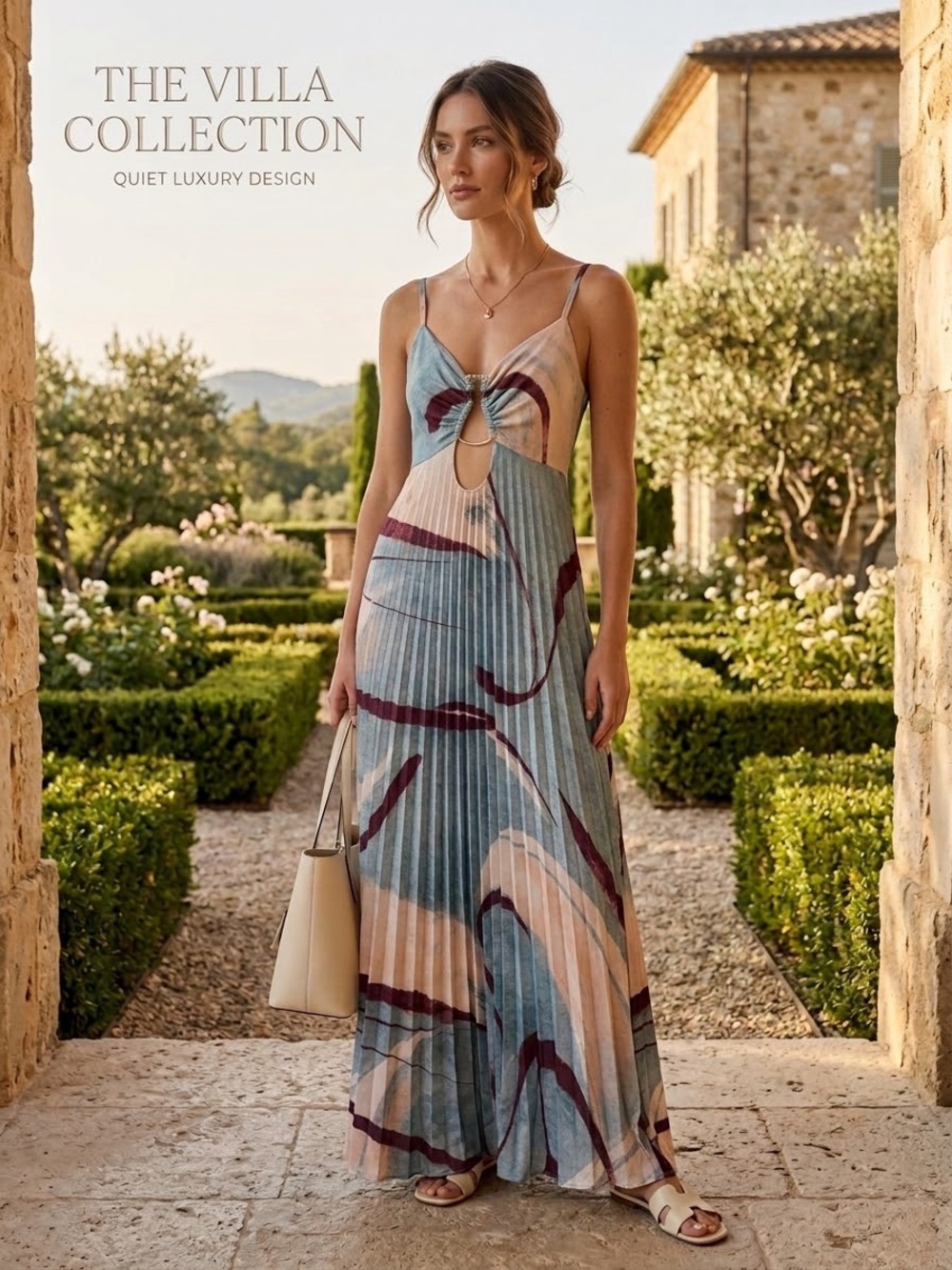 Blue & Mauve Abstract Pleated Maxi Dress
